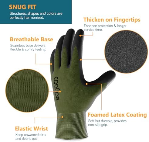COOLJOB 6 Pairs Gardening Gloves for Men, Breathable Rubber Coated, Xlarge
