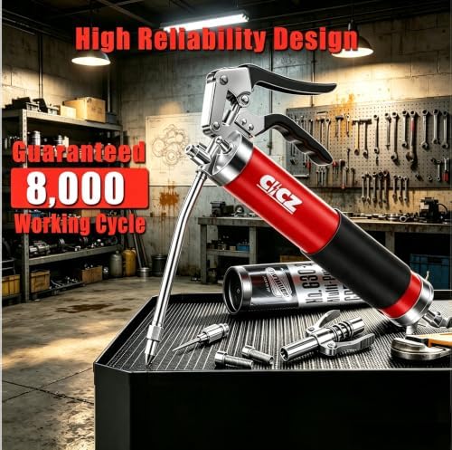 8000 PSI Grease Gun Kit: Heavy Duty Pistol Grip Grease Gun with 14oz Capacity, Quick-Release Coupler, 90°Adapter, Rigid Pipe, Flexible Hose for Automotive, Industrial, Agricultural