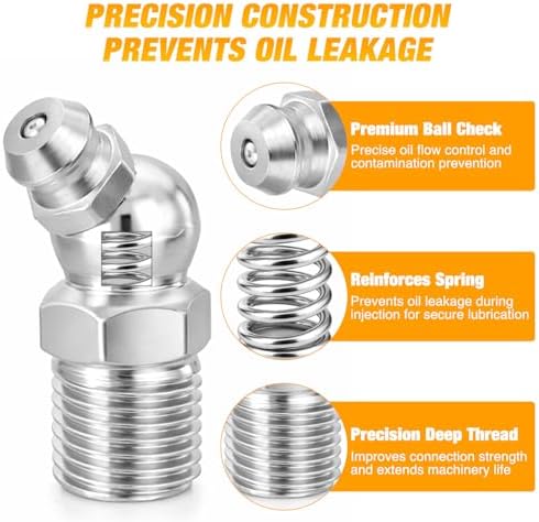GOOACC 60 PCS Zerk Grease Fittings Kit Hydraulic Grease Fitting Assortment with Straight 45 90 Degree M6 M8 M10 Metric Grease Zerk Fittings Nipple for Automotive Farm Industrial Machinery Lubrication
