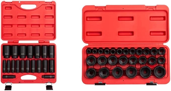 Sunex 2641, 1/2 In Drive Deep Impact Socket Set, 19-Piece, SAE, 3/8" - 1-1/2" & 2645, 1/2 In Drive Impact Socket Set, 26-Piece, Metric, 10mm-36mm, Cr-Mo Alloy Steel