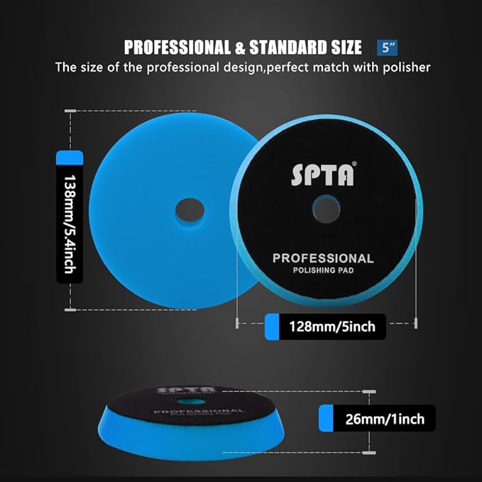 Blue T60 Moderate-Cut Foam Polishing Pads, SPTA 1Pc 5.5 Inch Face for 5 Inch 125mm Backing Plate Compound Buffing Sponge Pads for Car Buffer Polisher Compounding, Polishing and Waxing -FPBFS5B