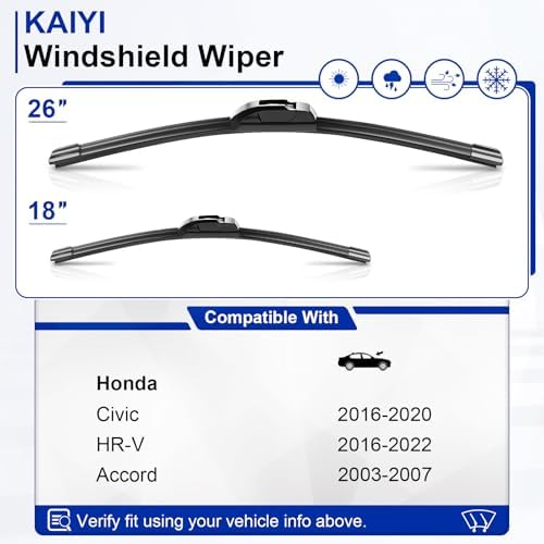 KAIYI 26" + 18" Windshield Wipers Compatible with Honda Civic 2016-2020,HR-V 2016-2022,Accord 2003-2007 Premium Automotive Replacement Windshield Wiper Blades 2 Pack