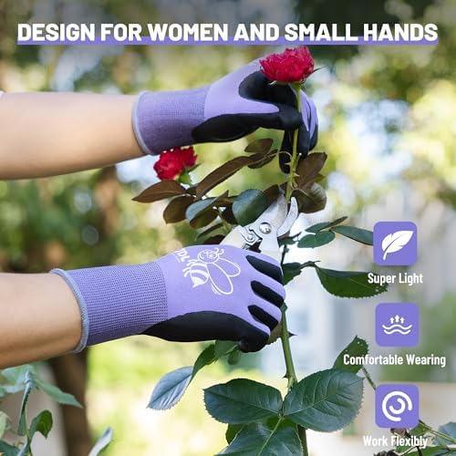 JDL 3 Pairs Nylon Nitrile Coated Gardening Gloves for Women, Touchscreen Yard Garden Gloves, Breathable Safety Work Gloves with Grip, Purple, Medium