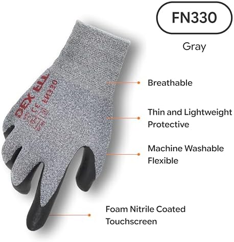 DEX FIT Nitrile Work Gloves FN330, 3D Comfort Fit, Touchscreen Grip Gloves for Warehouse, Construction, Package Handling, Delivery & General Work, Men & Women, Gray, L, 3 Pairs