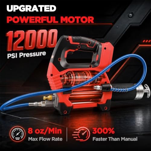 Cordless Grease Gun Compatible with Milwaukee 18V Battery, 12000PSI High-Pressure, One-Hand Operation in-Line Grip, 39.4" Hose & 4 Couplers, Electric Grease Gun with LED (Tool Only)
