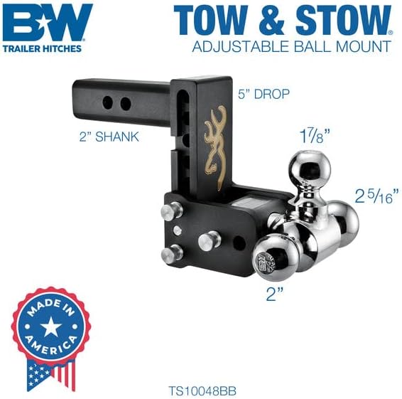 B&W Trailer Hitches Tow & Stow Adjustable Trailer Hitch Ball Mount with Browning Logo - Fits 2" Receiver, Tri-Ball (1-7/8" x 2" x 2-5/16"), 5" Drop, 10,000 GTW - TS10048BB