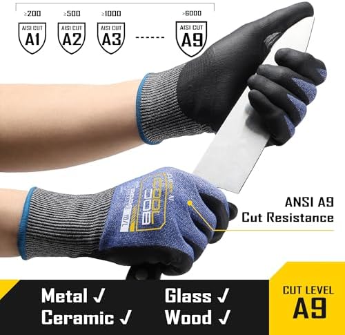 COOLJOB A9 Cut Resistant Safety Work Gloves with Grip, Touchscreen Nitrile Coated Heavy-duty for Glass Metal Sheet Handling