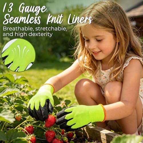 HANDLANDY 3 Pairs Kids Gardening Gloves, Grippy Kids Work Gloves, S