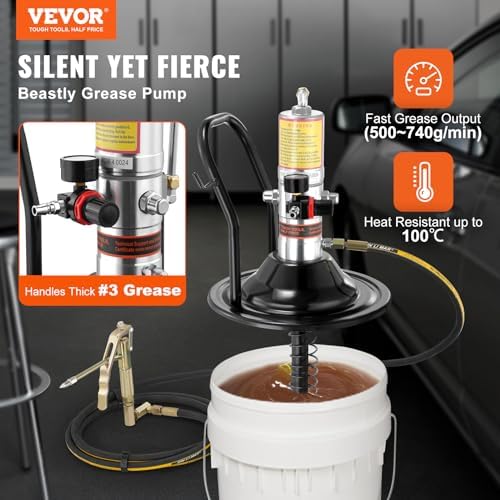 VEVOR Grease Pump, Air Operated Grease Pump with 13 ft High Pressure Hose and Grease Gun, Pneumatic Grease Pump with Barrel Cap, Portable Lubrication Grease Pump 360° Gun Head