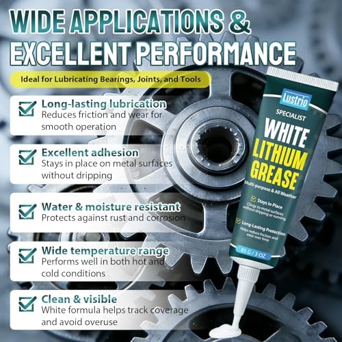 White Lithium Grease with Brush, Multi-Purpose 3oz for Bearings | For gears, hinges, garage doors, bike chains. Water-resistant, rust-proof, high-temp. Auto, marine, industrial, DIY.