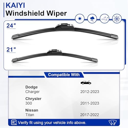 KAIYI 24" + 21" Windshield Wipers Compatible with Dodge Charger 2012-2023,Chrysler 300 2011-2023,Nissan Titan 2017-2022 Premium Automotive Replacement Windshield Wiper Blades 2 Pack