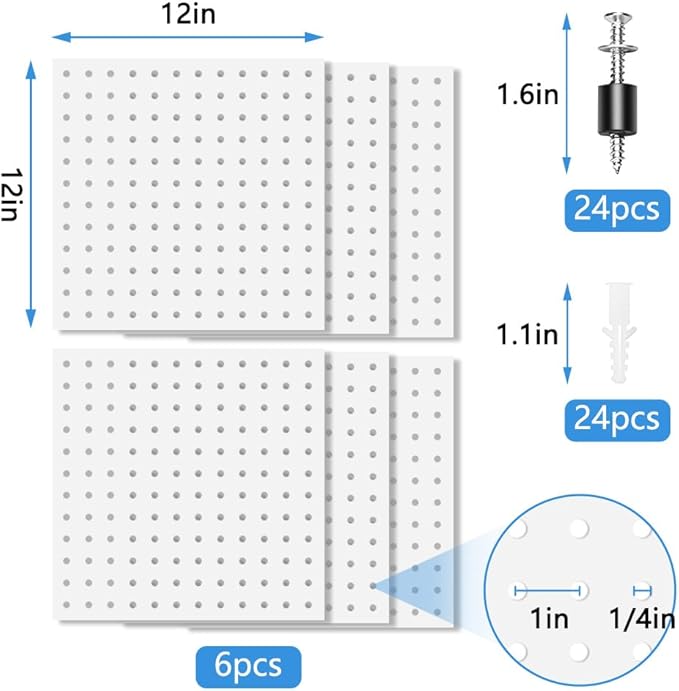 6PCS Metal Pegboard Kit, White Pegboard Panels, Wall Organizer for Tools Heavy Duty Steel Peg Board Storage System for Workbench, Garage, Office, Kitchen and Craft Room