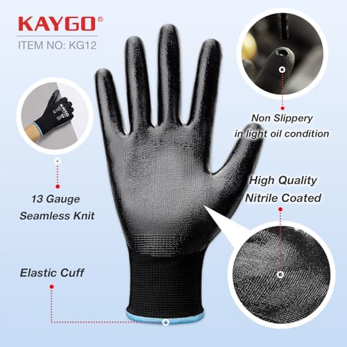 KAYGO Work Gloves for Men and Women, Black Nitrile Coated,KG12N,12Pairs