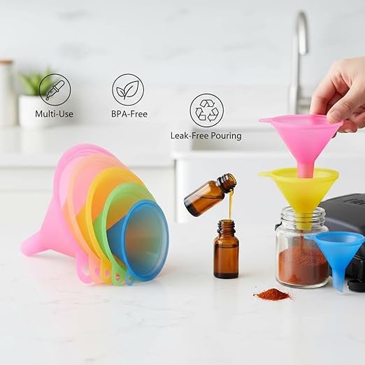 Plastic Funnel Set of 5 | Multi-Size & Multi-Color Mini Funnels for Bottles, Essential Oils, Spices, Powders, Automotive Fluids | BPA-Free Food Grade Plastic