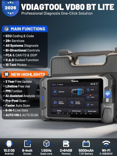 VDIAGTOOL Bidirectional Scan Tool VD80 BT Lite, 2026 8" Wireless Full System OBD2 Scanner Diagnostic Tool with 28+ Resets, Online Coding, Oil/Brake/BMS/SAS, FCA, CAN FD & DoIP, 2 Years Free Update