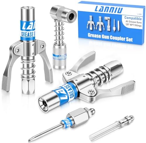 Grease Gun Coupler Kit: 2 Dual Lever Tips, 90° Adapter & 2 Needle Tips