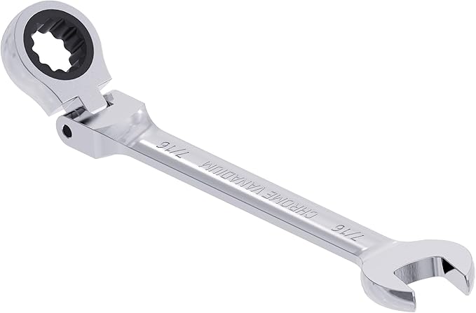 7/16 Inch Flex-Head Ratcheting Combination Wrench SAE 72 Teeth 12 Point Ratchet Box Ended and Open End Spanner Tools, Flexible Head Gear Wrench, Heat-Treated CR-V