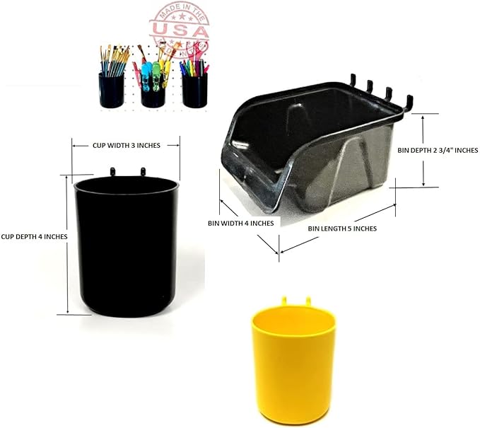 WallPeg Pegboard Bins & Cups - 12 Each 5" Bins and 4 Each 5" Cups - Hooks to Peg Board Panel Organize Hardware Arrange Accessories Workbench Tool Organizer Garage Storage -Made in USA-