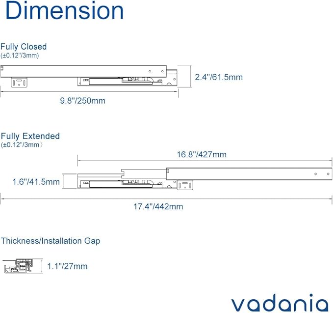 VADANIA 10" Undermount Drawer Slide, Soft Close, Bottom Mounted & Bottom Support, 88 lb Load Capacity, 3-Fold Full Extension, Invisible Drawer Slies,1 Pair(2-Pack)
