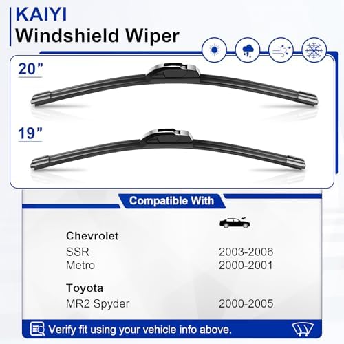 KAIYI 20" + 19" Windshield Wipers Compatible with Chevrolet SSR 2003-2006,Metro 2000-2001,Toyota MR2 Spyder 2000-2005 Premium Automotive Replacement Windshield Wiper Blades 2 Pack