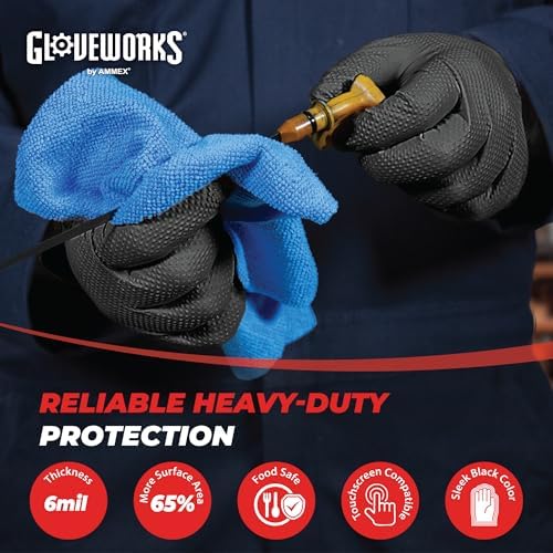 GLOVEWORKS Black Nitrile Gloves 6 Mil Diamond Textured for Mechanic Work
