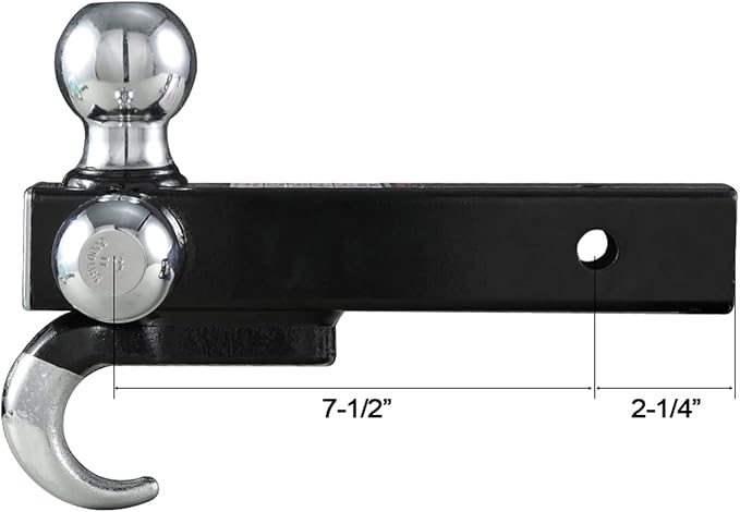 84180 Trailer Hitch Tri Ball Mount with Hook, 3 Ball Hitch Fit for Towing Hitch 2 inch Receiver (Hollow Shank Tow Hitch, Black & Chrome)