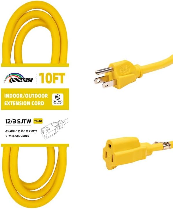 Indoor Outdoor Extension Cord Weatherproof, UL Certified, 12 Gauge 10FT Yellow 3 Prong Heavy Duty, 12/3 SJTW 15A Power Cord for Outdoor Lights, Appliances, Lawn