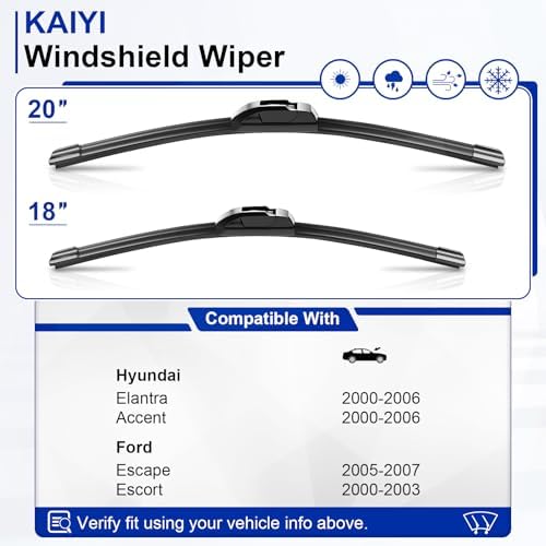 KAIYI 20" + 18" Windshield Wipers Compatible with Hyundai Elantra 2000-2006,Accent 2000-2006,Ford Escape 2005-2007,Escort 2000-2003 Premium Automotive Replacement Windshield Wiper Blades 2 Pack