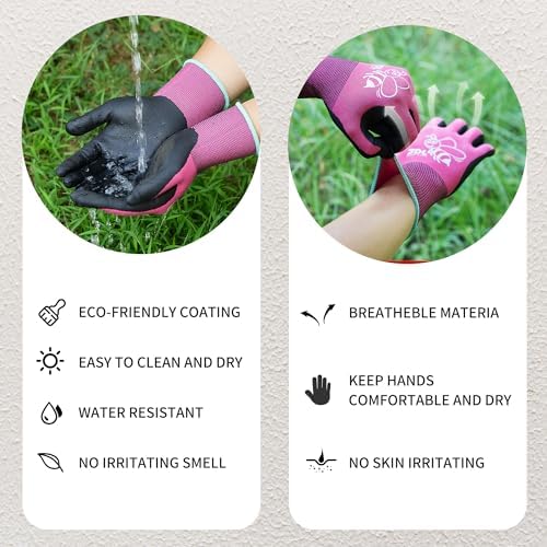 JDL 12 Pairs Nylon Nitrile Coated Gardening Gloves for Women, Touchscreen Yard Garden Gloves, Breathable Safety Work Gloves with Grip, Pink, Medium