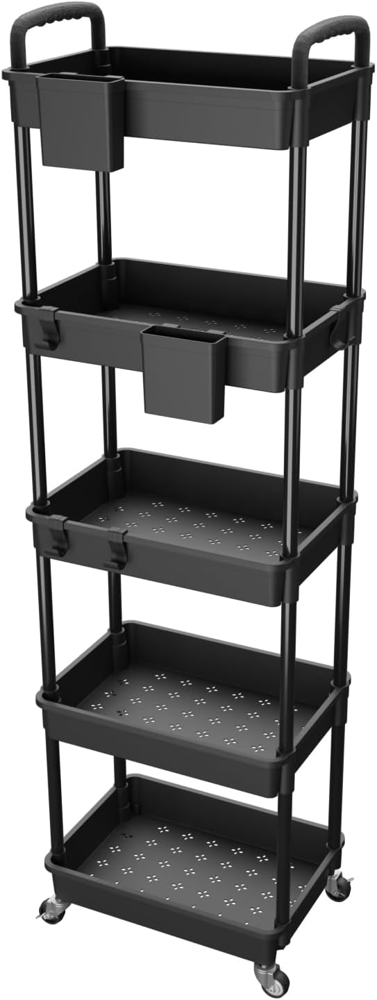5 Tier Rolling Utility Cart with Handle,REBECAT Utility Cart Made of Multifunctional Storage Organizer Tool for Kitchen,Bathroom,Living Room,Office(Black)