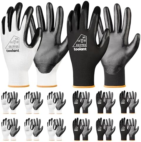 toolant Nitrile Coated Work Gloves, 12 Pairs, White&Black, Large