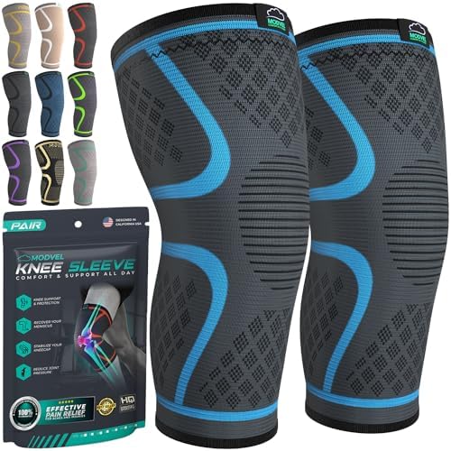 Modvel Compression Knee Brace for Women & Men - 2 Pack Knee Brace for Running Knee Pain, Knee Support Compression Sleeve, Workout Sports Knee Braces for Meniscus Tear ACL & Arthritis Pain Relief