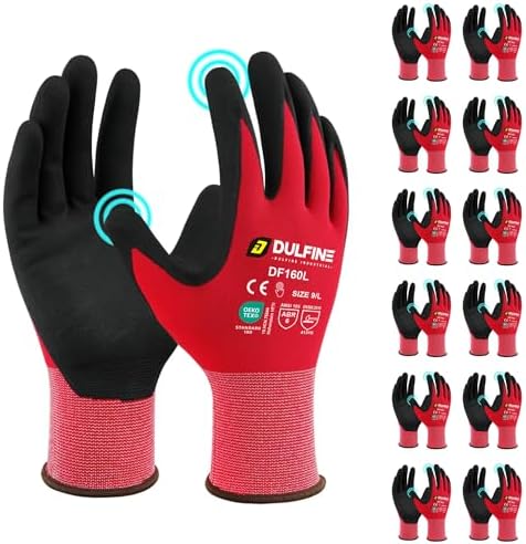 DULFINE MicroFoam Nitrile Coated 12 Pairs Work Gloves for Men Red M