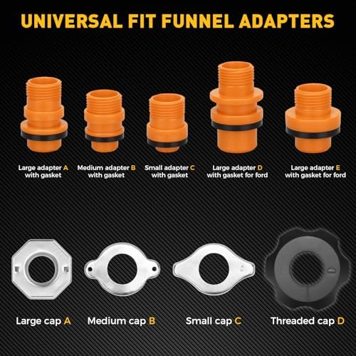20-Piece No-Spill Coolant Funnel Kit, Cooling System Funnels Kits, Spill Proof Funnel Bleeder, Radiator Funnels Kit with Adapters, Extensions, Flexible Hose, Circular-Funnel, Towel for Automotive Use