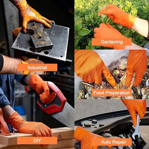 PROMEDIX P Heavy Duty Nitrile Disposable Gloves,8-mil Orange,Raised Diamond Texture Work Gloves，Industrial Work gloves