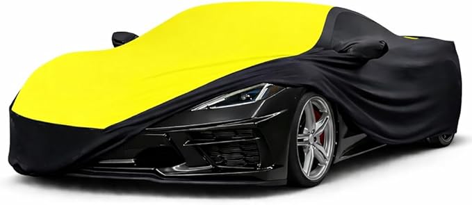 SR1 Performance USA C8 Corvette Indoor Car Cover – Custom Fit Stretch Satin Ultraguard, Soft Paint Protection Against Dust & Scratches for 2020–2026 Stingray, Z51, Z06, E-Ray (Yellow/Black)