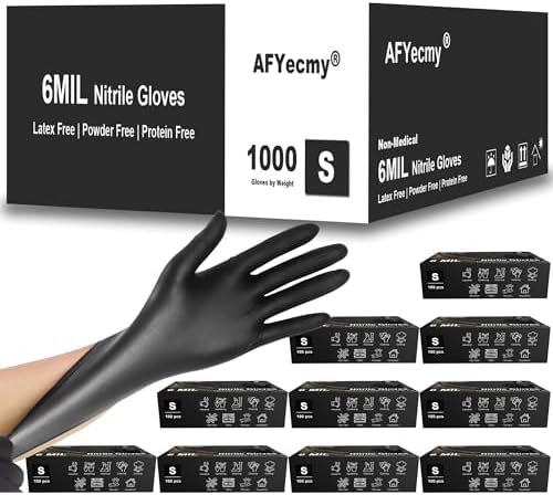 Disposable Nitrile Gloves, Chemical Resistant, Powder and Latex Free, Food Safe, Black Heavy Duty Gloves, 6 Mil, 1000 Count, Small