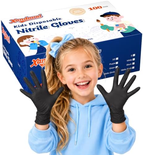 Kids Disposable Gloves, 5-Mil Safe Black Nitrile, XS, 100Ct