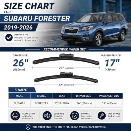 AERO Wipers Replacement for Subaru Forester 2019-2026, 26"+17" Front, All-Season Windshield Wiper Blades with Extra Squeegee Refills + 1-Year Warranty (Set of 2)