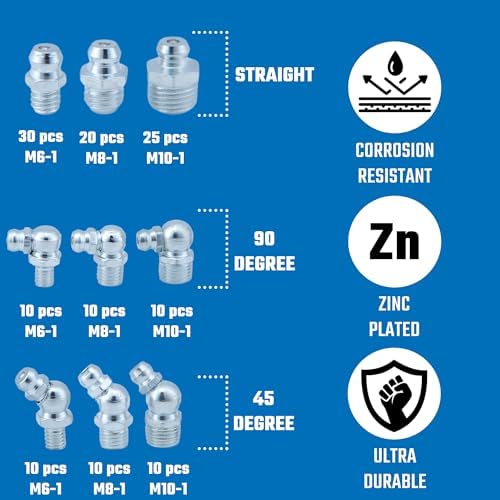 NEIKO 50467A Grease Fitting Assortment, 135 Piece, Metric, Straight & Angled Zerk Grease Fittings Kit, Zinc Plated A3 Steel, Angled Grease Guns, Mechanical Component Lubrication, M6-1, M8-1 & M10-1.5