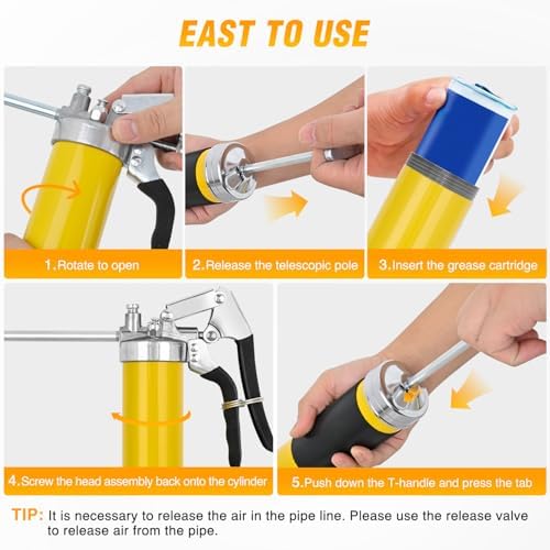 GOOACC Grease Gun 8000 PSI Heavy Duty 14oz Pistol Grip Grease Gun Kit with 18" Spring Flex Hose Sharp Type Nozzle Normal Coupler Rigid Pipe Manual Grease Guns for Greasing Automotive Marine, Yellow