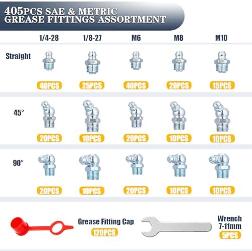 Grease Fittings Kit, 405Pcs SAE & Metric Grease Fitting Assortment, NPT 1/4" 1/8" M6 M8 M10 Straight 45 90 Degree Grease Zerk Fittings with Caps and Wrench Kit(7-11Mm) for Grease Gun