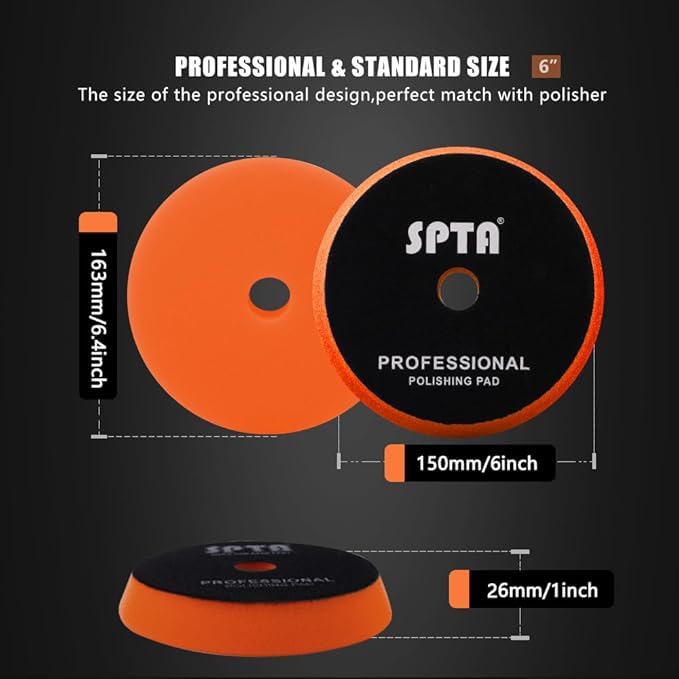 T40 Orange Medium-Cut Foam Polishing Pad, SPTA 1Pc 6.5 Inch Face for 6 Inch 150mm Backing Plate Compound Buffing Sponge Pads for Car Buffer Polisher Compounding, Polishing and Waxing -FPBFS6O