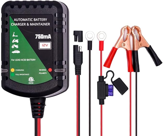 12 Volt Battery Charger 750mA Automatic Battery maintainer trickle Battery Charger Smart Float Charger for Automotive car Motorcycle Lawn Mower Boat ATV Sealed Lead Acid Batteries