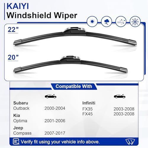 KAIYI 22" + 20" Windshield Wipers Compatible with Subaru Outback 2000-2004,Kia Optima 2001-2006,Jeep Compass 2007-2017,Infiniti FX35/45 2003-2008 Premium Automotive Replacement Windshield Wiper Blades
