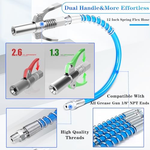 Grease Gun Coupler Quick Lock and Release Lube Grease Gun Tip 2PCS+12''Grease Gun Tube+9PCS Grease Nipple Nozzle Ends Kit M6-M10 Compatible with All Grease Guns 1/8" Npt 10000PSI