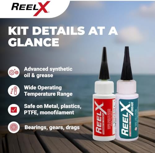 ReelX Fishin' Kit Combo, Marine-Grade Corrosion-Resistant Reel Oil and Grease Set with Precision Applicators for Bearings, Spinning, Baitcasting, Spincast, Fly, Trolling and Electric Reels, 1 oz Each