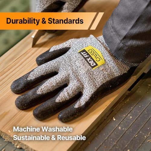 DEX FIT Level 5 Cut Resistant Gloves Cru553, 3D-Comfort Fit, Firm Grip, Thin & Lightweight, Touch-Screen Compatible, Durable, Breathable & Cool, Machine Washable; Black Grey M (8) 3 Pairs