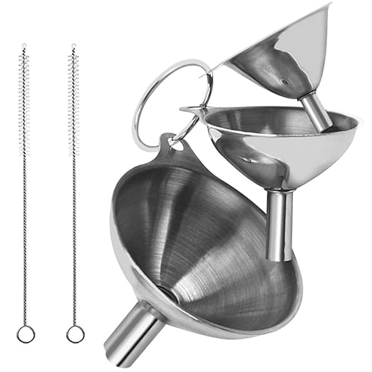 3-Piece Stainless Steel Kitchen Funnel Set with 2 Brushes - Stackable Metal Funnels for Essential Oils, Perfume Bottles, Spices, Liquids & Dry Ingredients (Food-Grade, Rust-Proof)