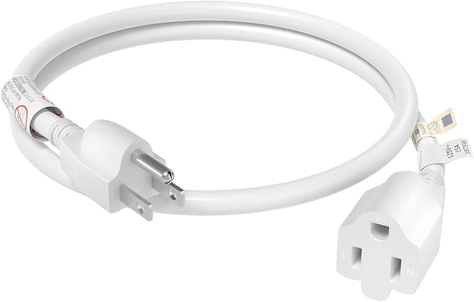 FIRMERST 15 Amp 2 Feet 3 Prong Extension Cord 14 Gauge 1875W White, UL Listed
